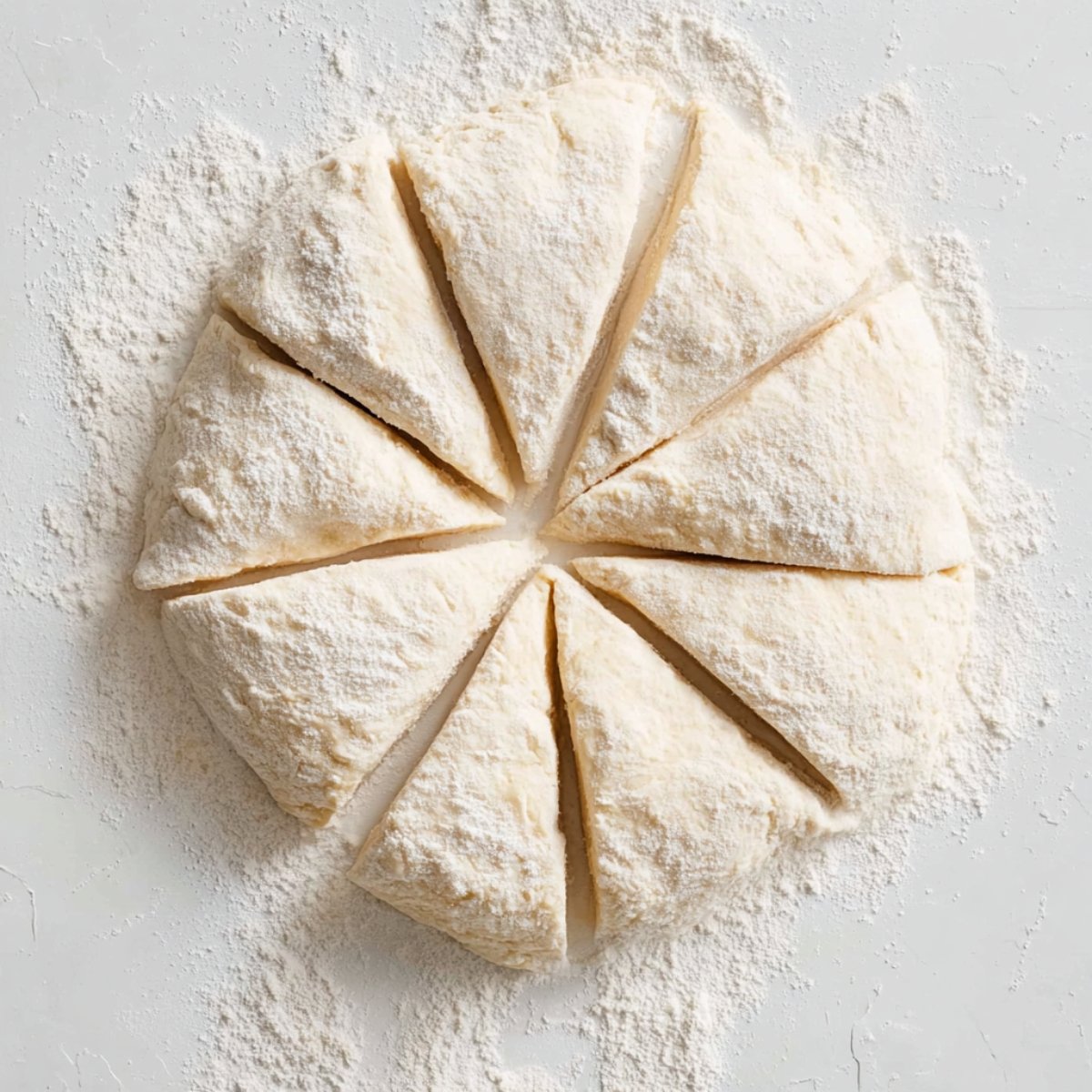 A round dough disk on a floured surface, cut into eight triangular wedges, ready for shaping or baking.