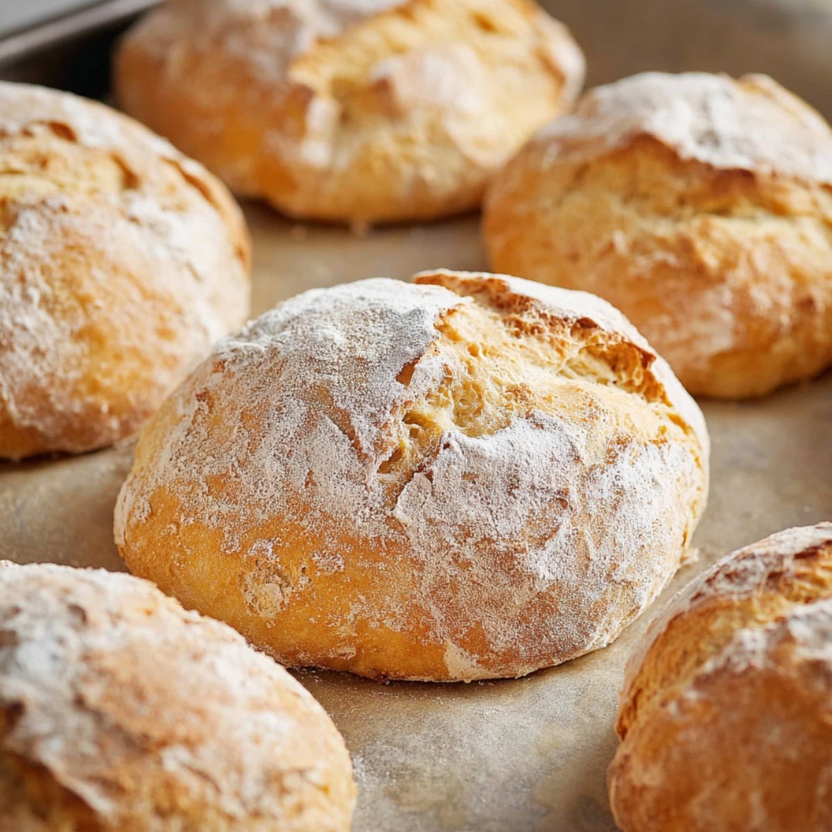 Freshly baked rustic Panini Bread rolls with a lightly floured, golden-brown crust, cooling on a baking sheet.