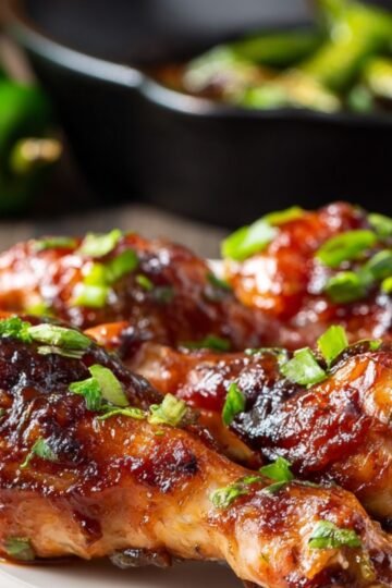 Close-up of baked chicken drumsticks coated in a glossy paprika-based glaze, garnished with chopped fresh herbs, served on a white plate.