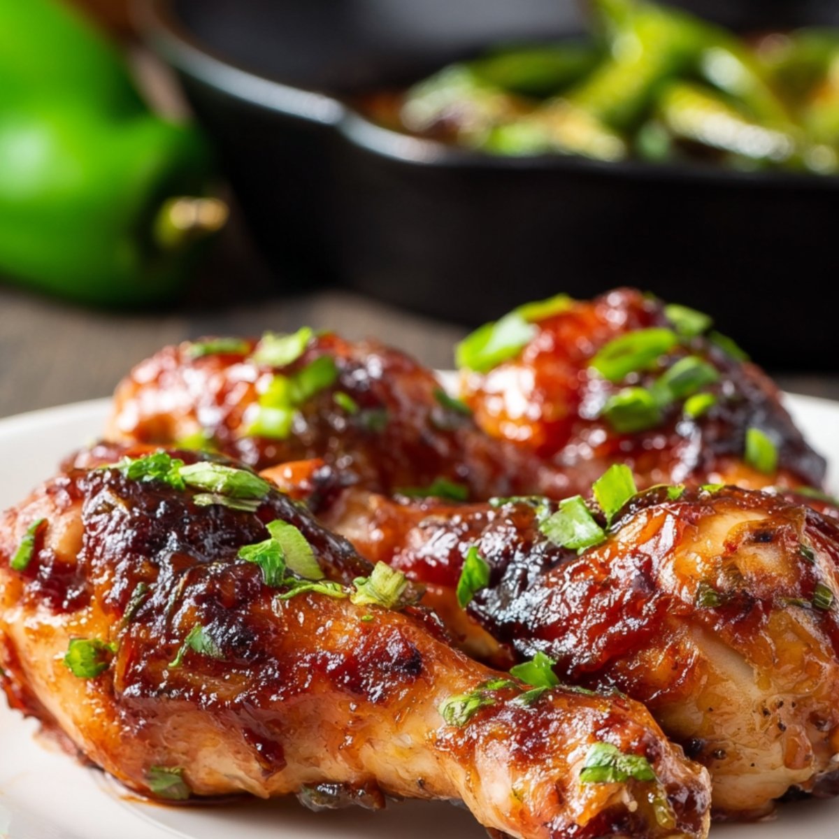 Close-up of baked chicken drumsticks coated in a glossy paprika-based glaze, garnished with chopped fresh herbs, served on a white plate.