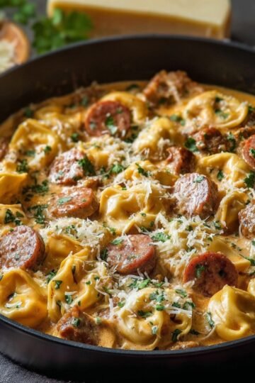 Creamy Philly cheesesteak tortellini in a black skillet with sliced sausage, ground beef, and melted cheese, garnished with chopped parsley