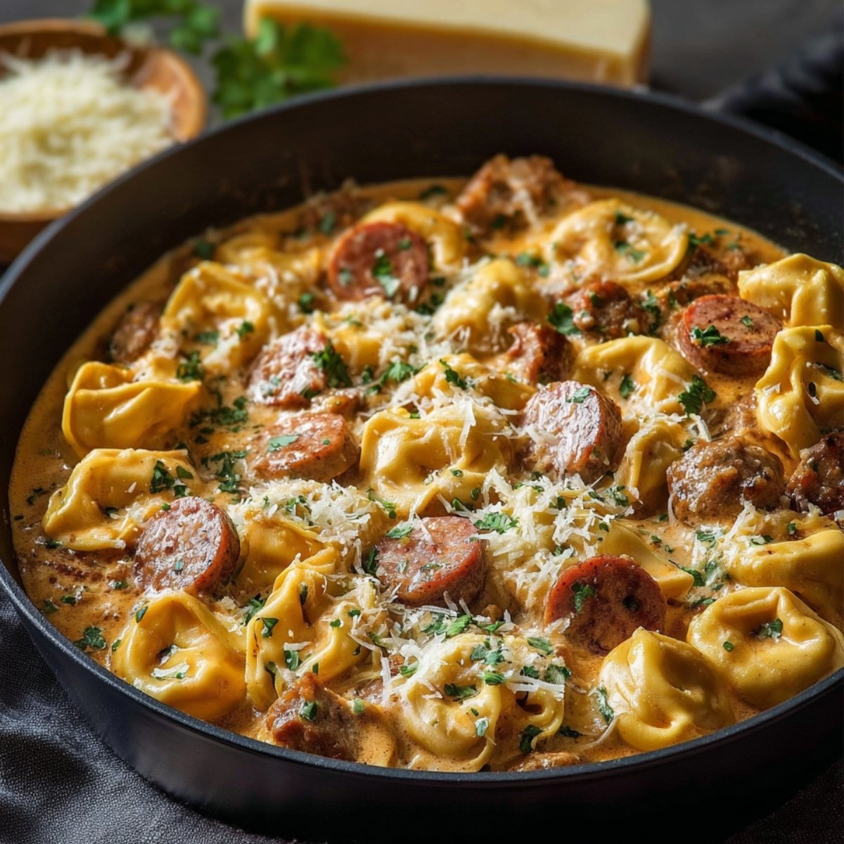 Creamy Philly cheesesteak tortellini in a black skillet with sliced sausage, ground beef, and melted cheese, garnished with chopped parsley