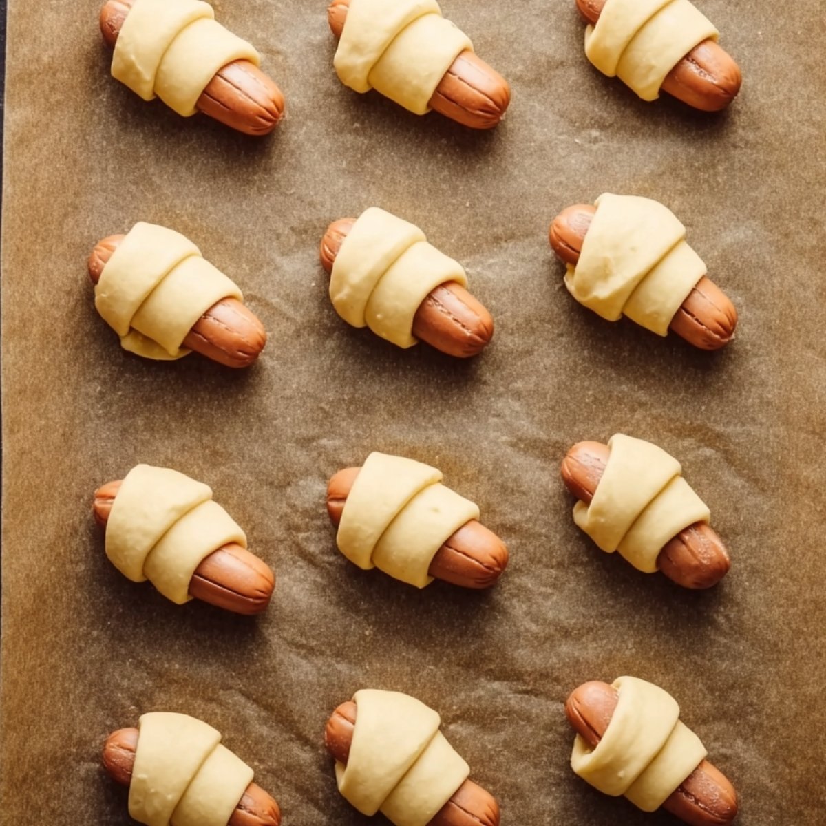 Several small sausages wrapped in dough, evenly spaced on a parchment-lined baking sheet, ready to bake.