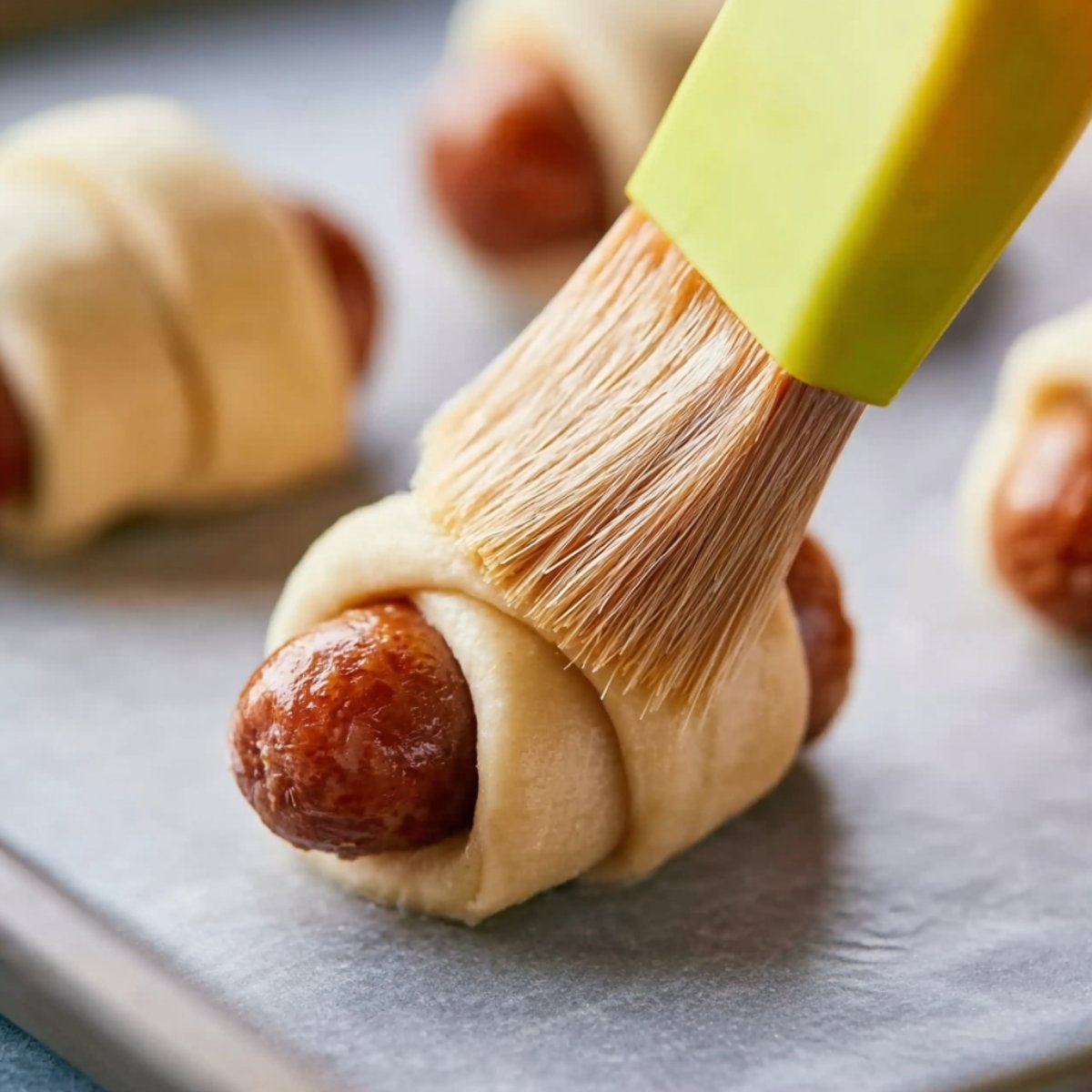 A close-up of a small sausage wrapped in dough on a baking sheet, being brushed with egg wash before baking.