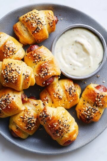 A plate of golden-brown baked pigs in a blanket, sprinkled with everything bagel seasoning, served with a side of creamy dipping sauce.