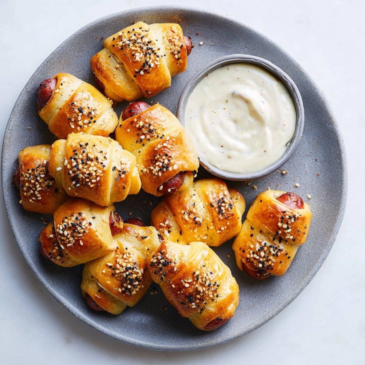 A plate of golden-brown baked pigs in a blanket, sprinkled with everything bagel seasoning, served with a side of creamy dipping sauce.
