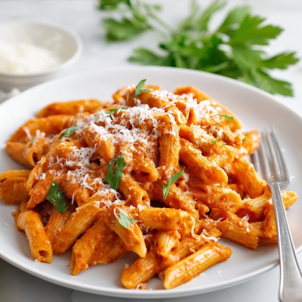 Creamy Pink Sauce Pasta coated penne pasta served on a white plate, garnished with grated cheese and fresh parsley, with a fork on the side