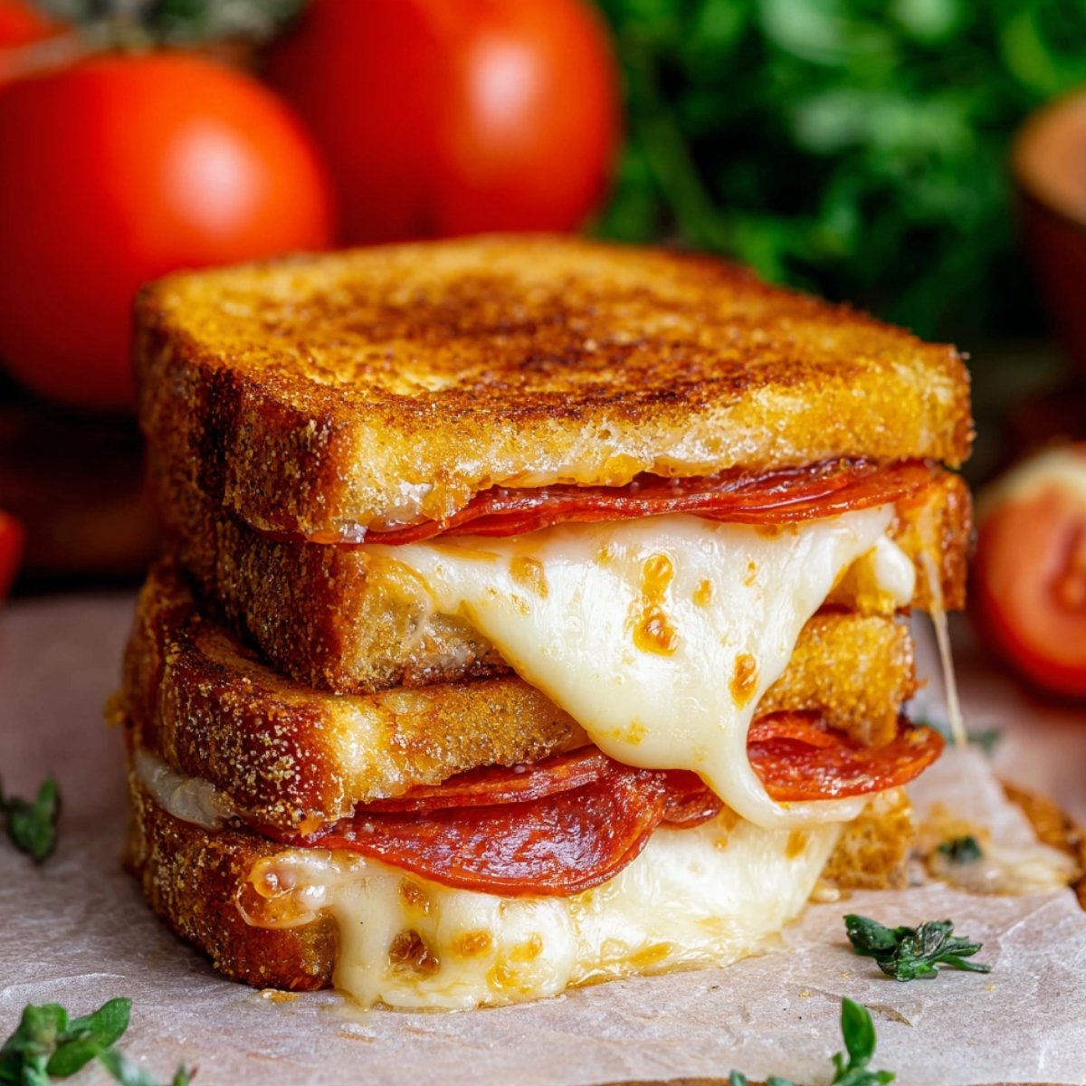 Close-up of a stacked Pizza Grilled Cheese sandwich with melted mozzarella and slices of pepperoni, showing golden toasted bread and gooey cheese stretching slightly.