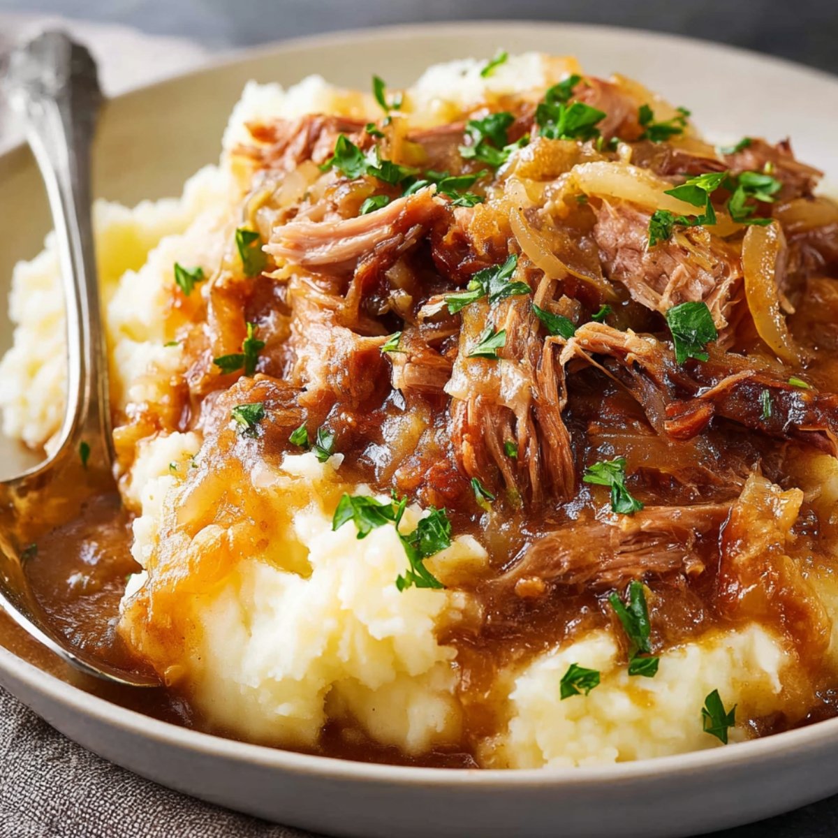 Close-up of shredded, cooked pork served over mashed potatoes, topped with caramelized onions and garnished with chopped parsley.