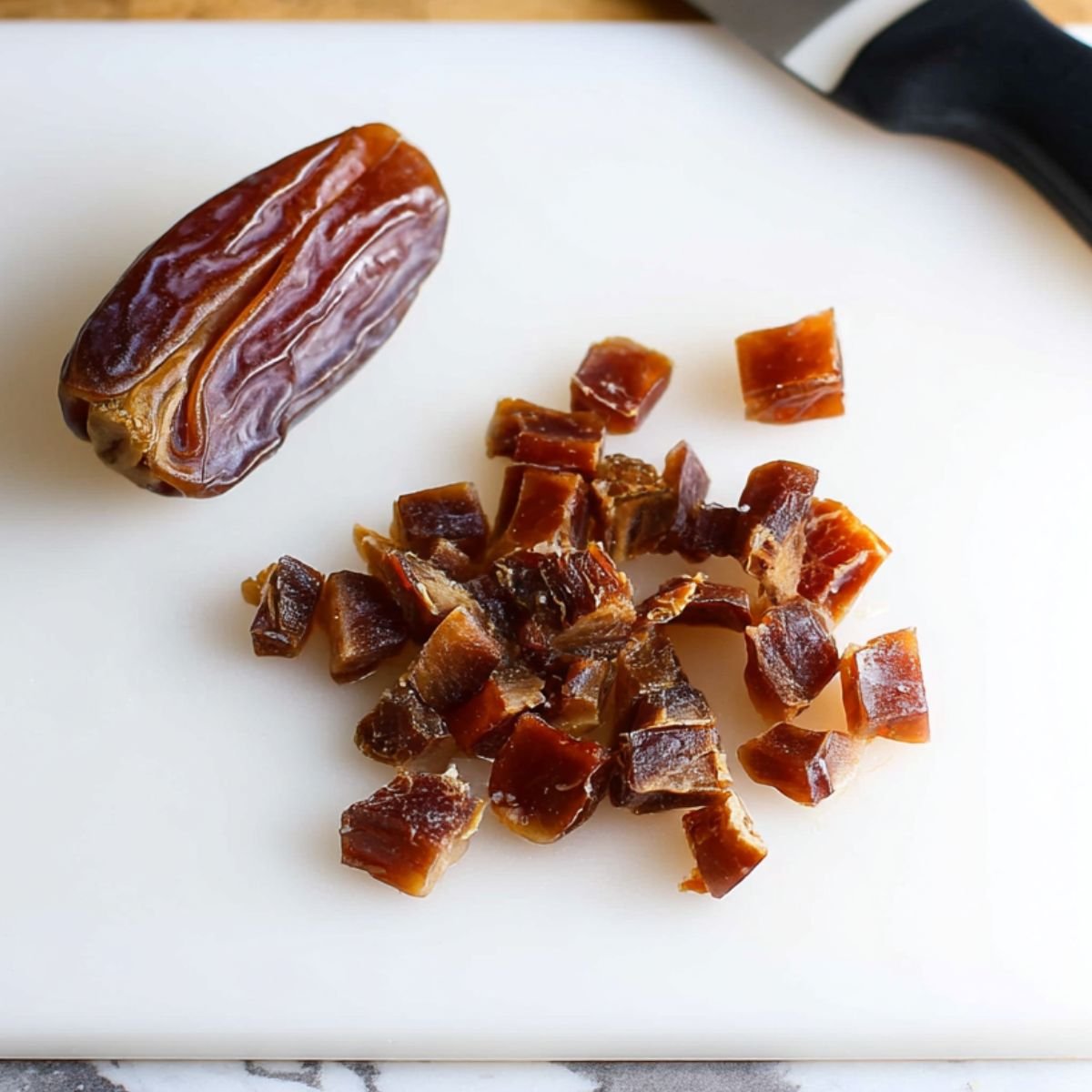 A whole date and several diced pieces on a white cutting board, next to a knife, ready for use in a recipe.