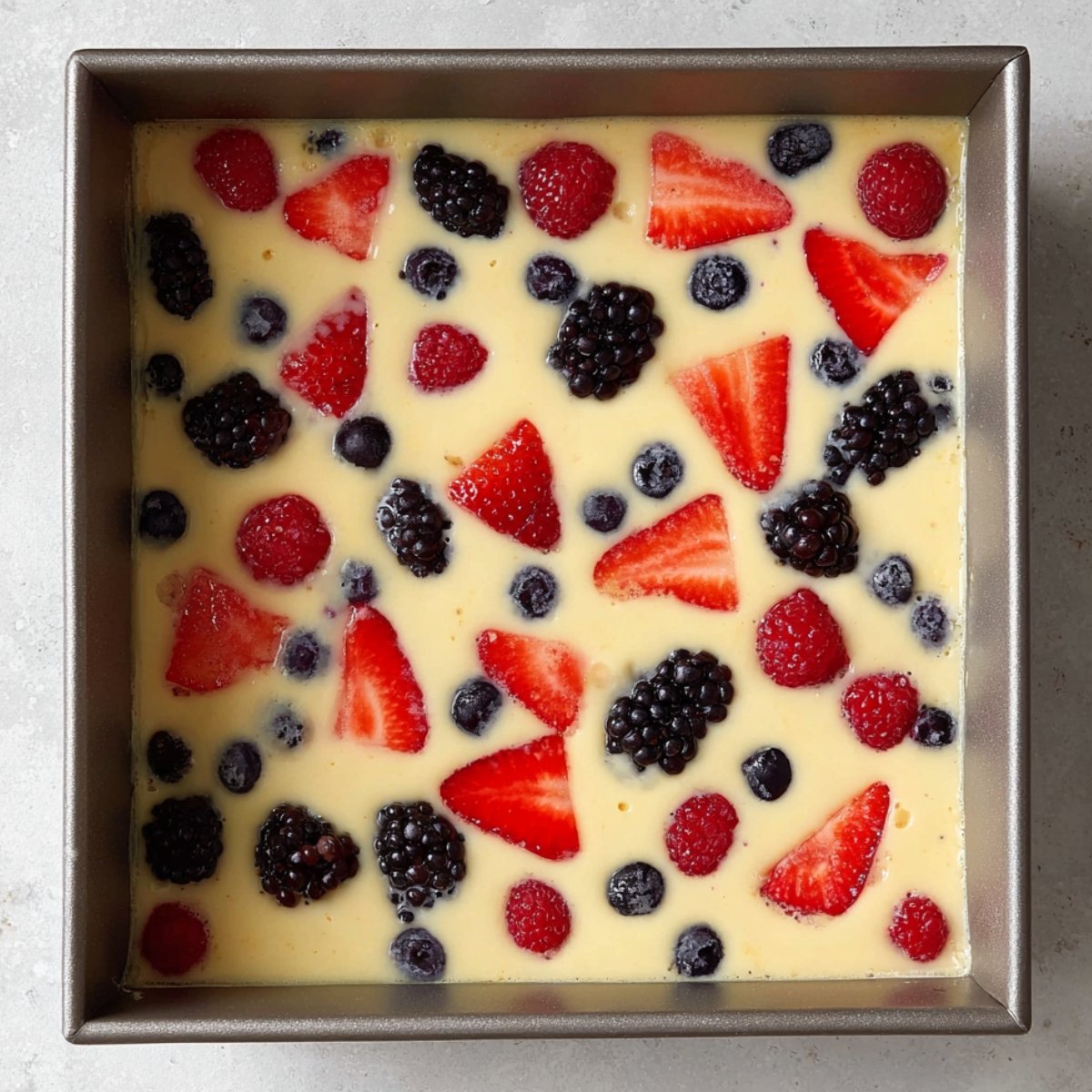 A square baking dish filled with a custard-like mixture topped with a variety of fresh berries, including strawberries, raspberries, blackberries, and blueberries, before baking.