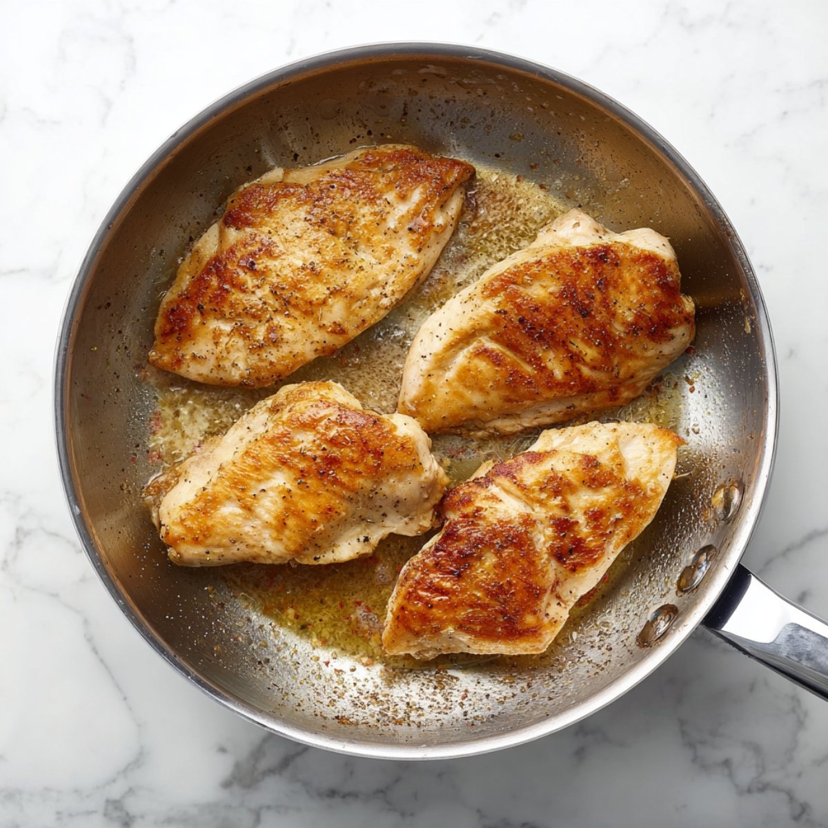 Four pieces of seasoned chicken breasts being seared in a stainless steel skillet showing a golden-brown crust