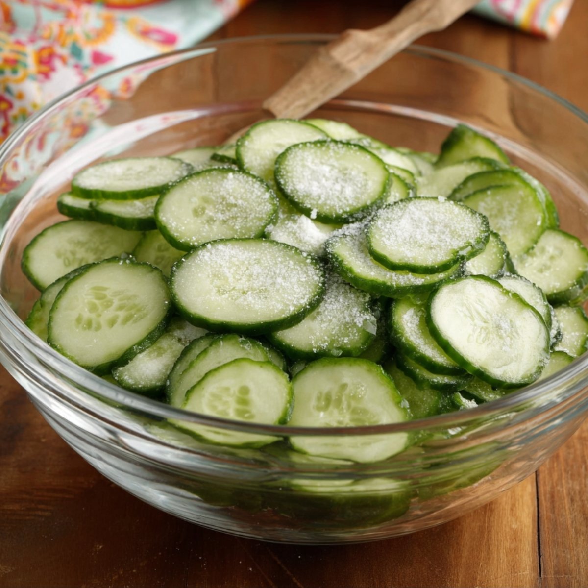 A glass bowl of thinly sliced cucumbers sprinkled with salt, ready to be prepared for a salad.