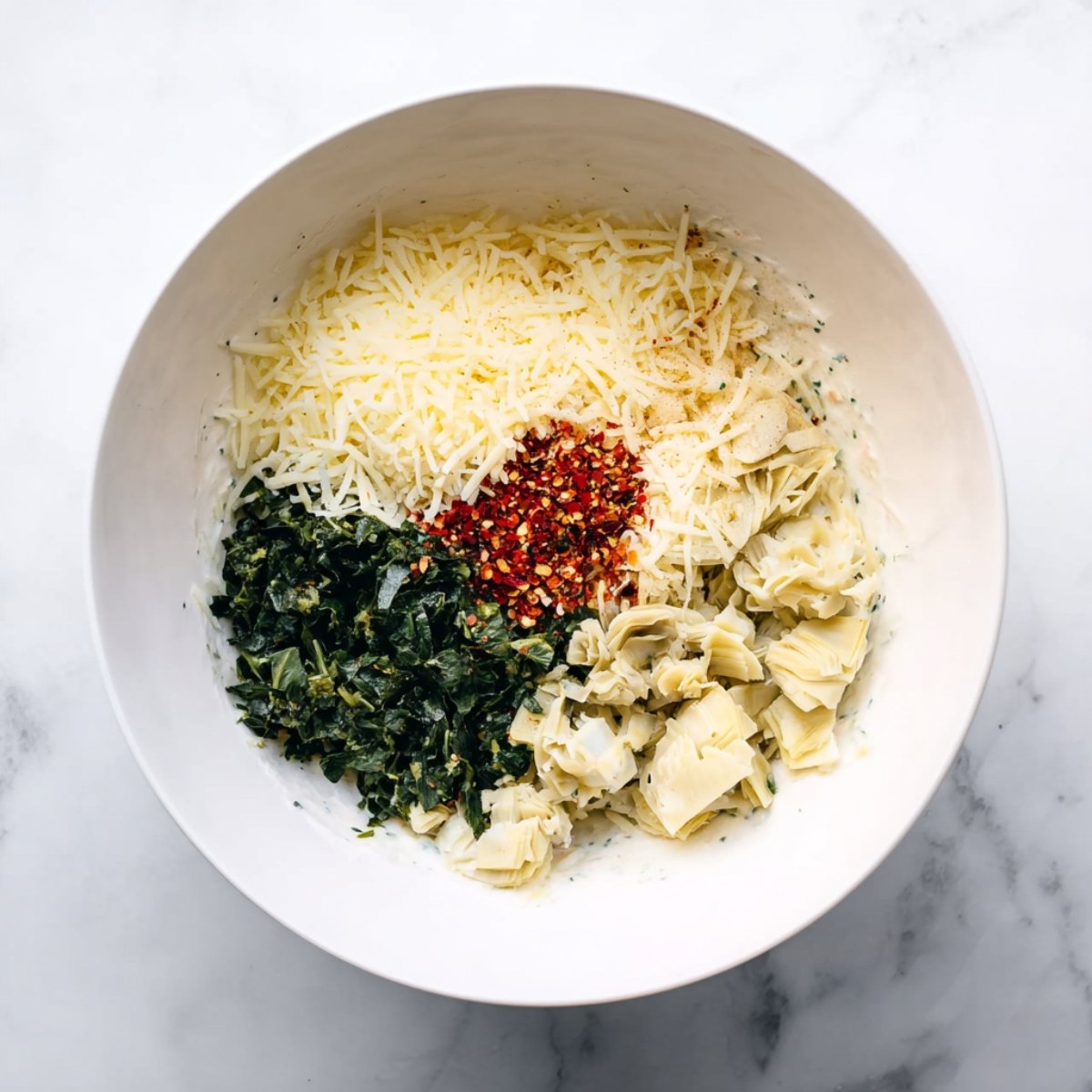 A white bowl with chopped spinach, artichoke hearts, shredded cheese, and red pepper flakes before mixing