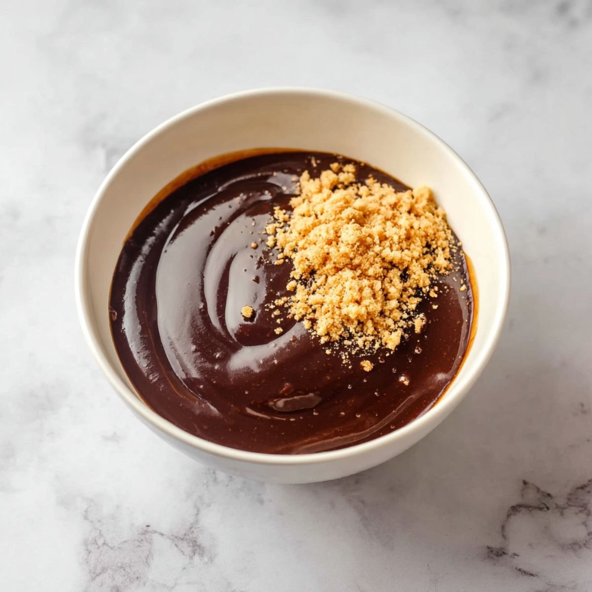 Close-up of a small white bowl containing smooth, dark BBQ sauce topped with a sprinkle of crumbled topping, photographed on a light marble surface.