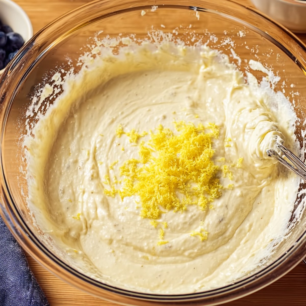 Glass bowl of lemon cake batter with lemon zest being mixed in