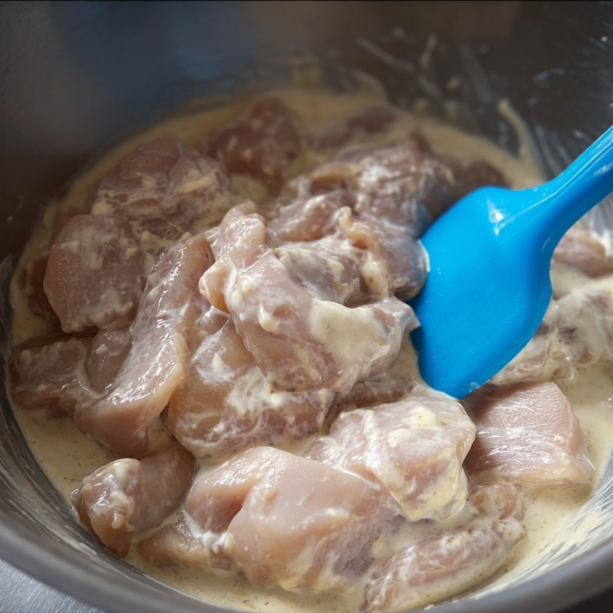Raw chicken pieces coated in a creamy marinade in a mixing bowl with a blue spatula