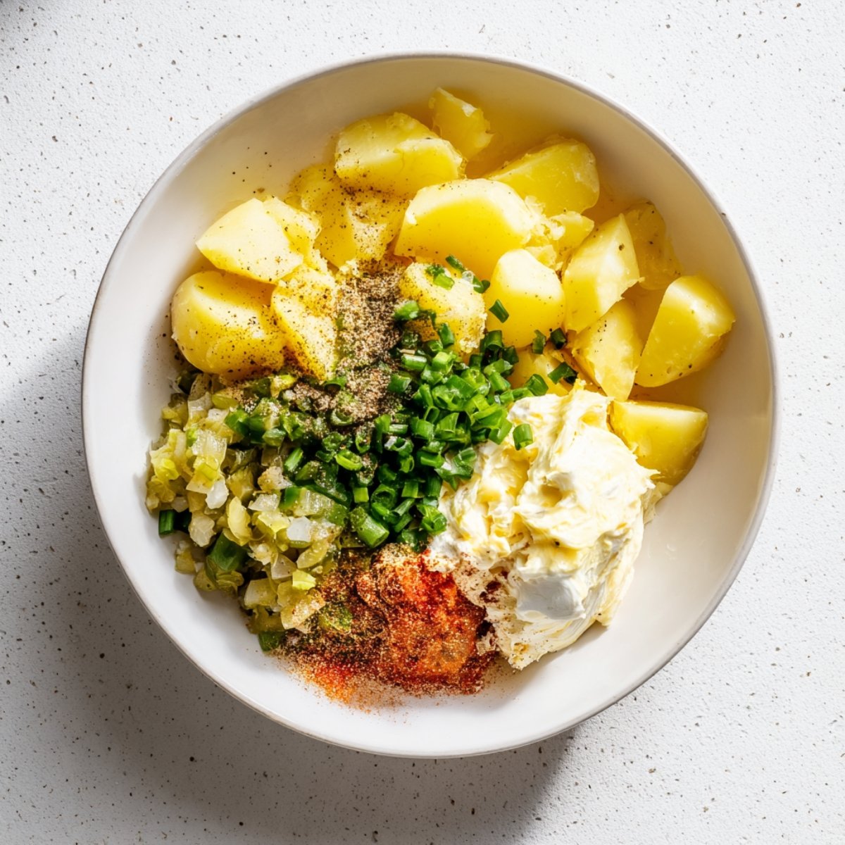 Bowl with chopped boiled potatoes, mayonnaise, diced pickles, chopped green onions, and seasonings ready to be mixed for potato filling.