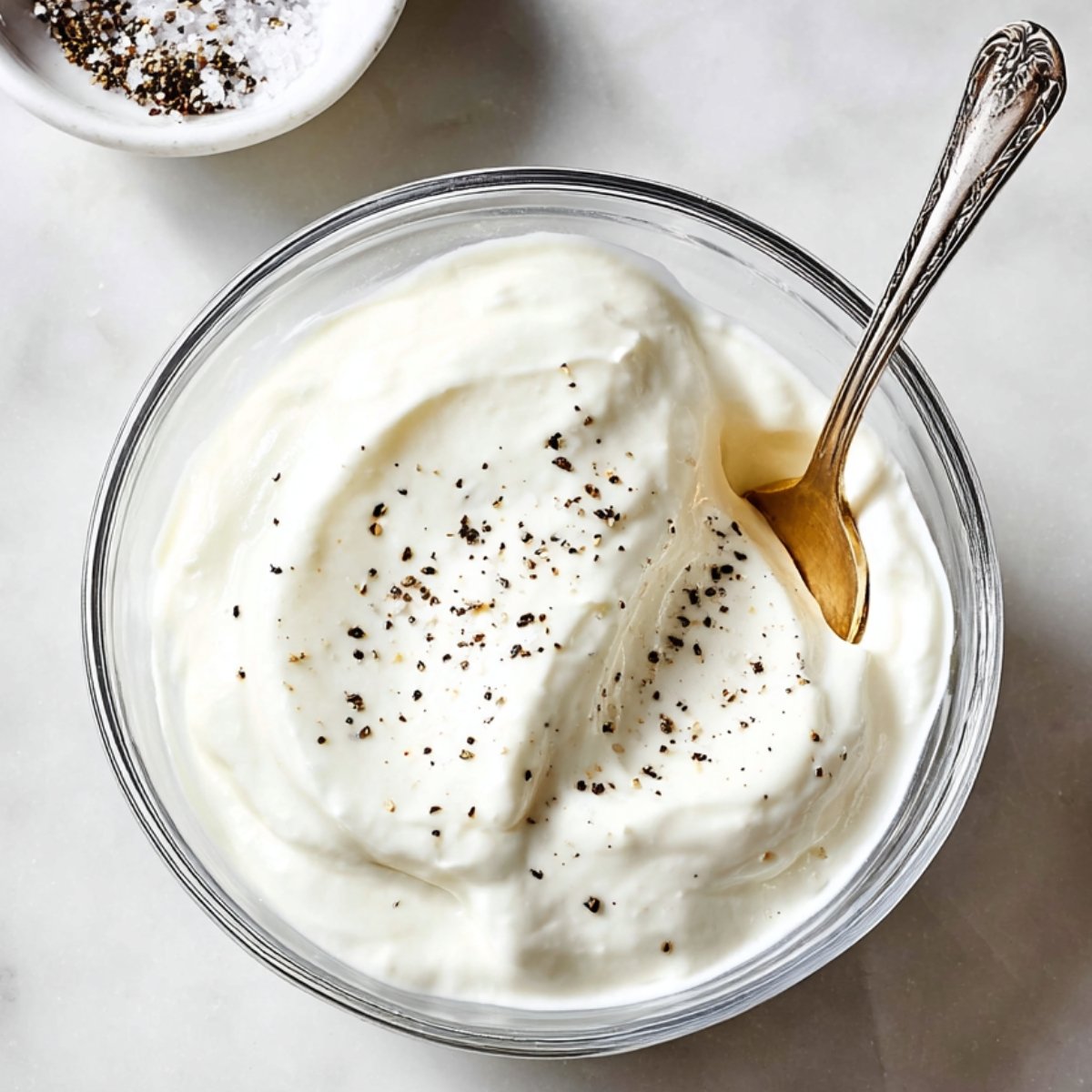 Bowl of thick creamy yogurt sprinkled with black pepper, with a spoon resting inside.