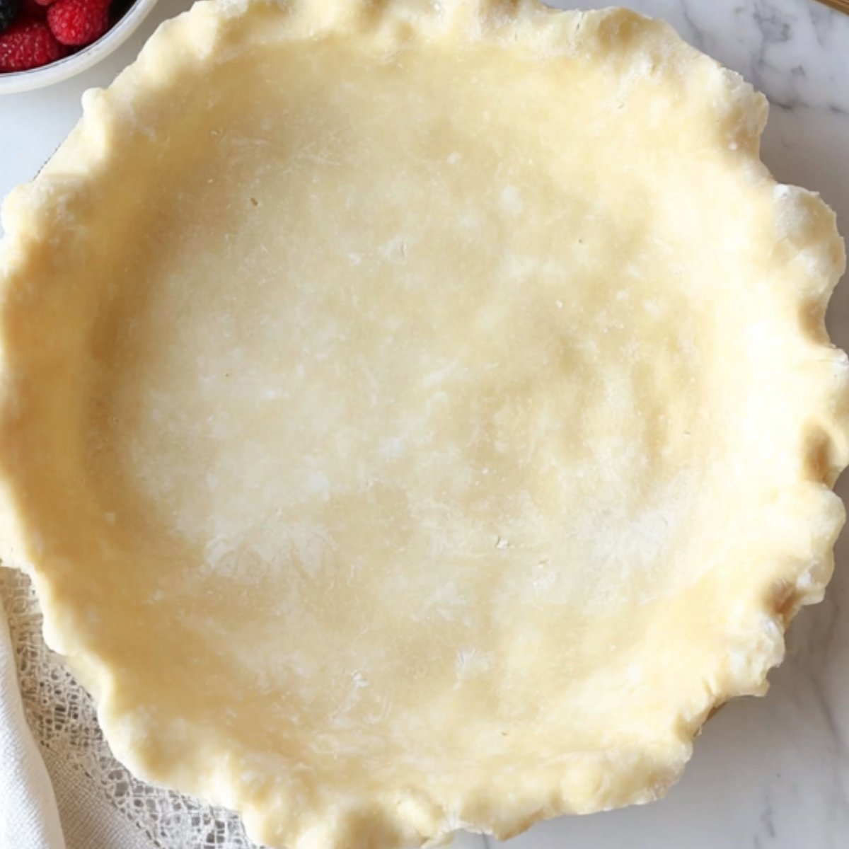 Close-up of a pie filled with a deep purple-red berry mixture in a white pie dish, ready to be baked, with a few berries scattered around.