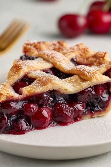 A slice of baked Razzleberry Pie on a white plate, showing a lattice crust on top and a glossy berry filling, with whole cherries and powdered sugar visible.