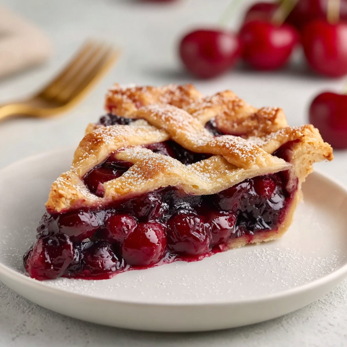 A slice of baked Razzleberry Pie on a white plate, showing a lattice crust on top and a glossy berry filling, with whole cherries and powdered sugar visible.