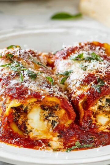 Two ricotta and Ricotta Stuffed Manicotti pasta rolls on a white plate, topped with marinara sauce, grated cheese, and chopped fresh basil