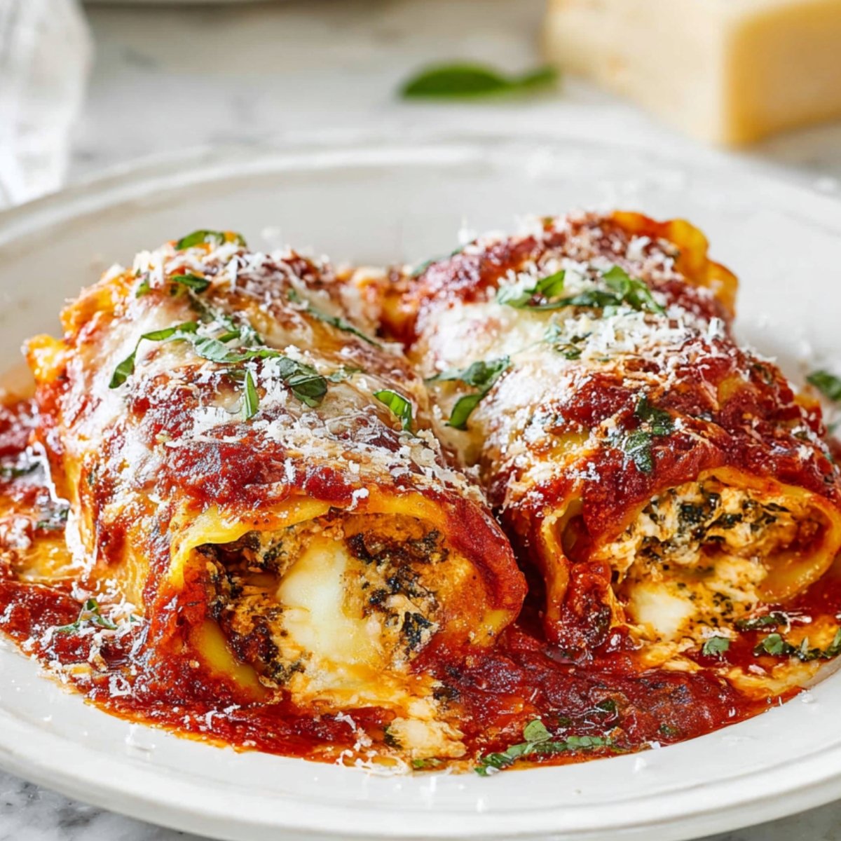 Two ricotta and Ricotta Stuffed Manicotti pasta rolls on a white plate, topped with marinara sauce, grated cheese, and chopped fresh basil