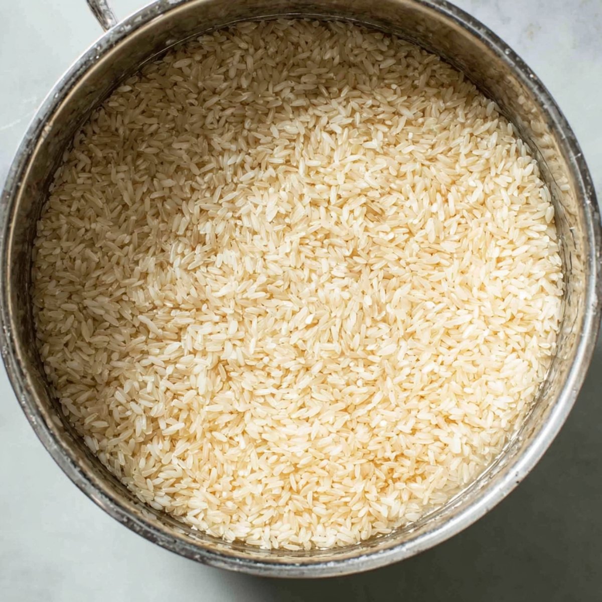 A metal bowl filled with rinsed white rice, with water removed, showing clean grains.