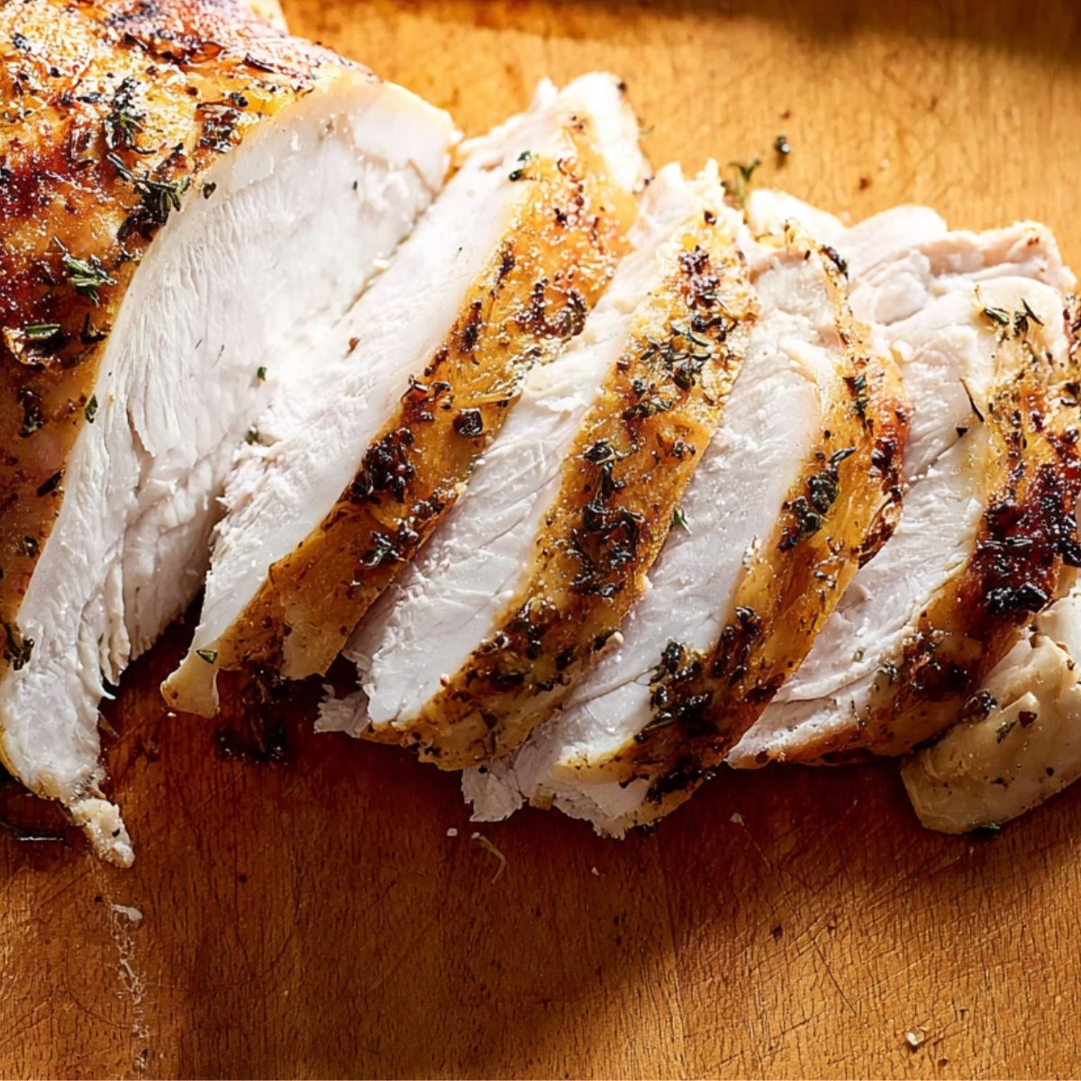 Close-up of roasted turkey breast on a cutting board, sliced into thick pieces with herbs on top.