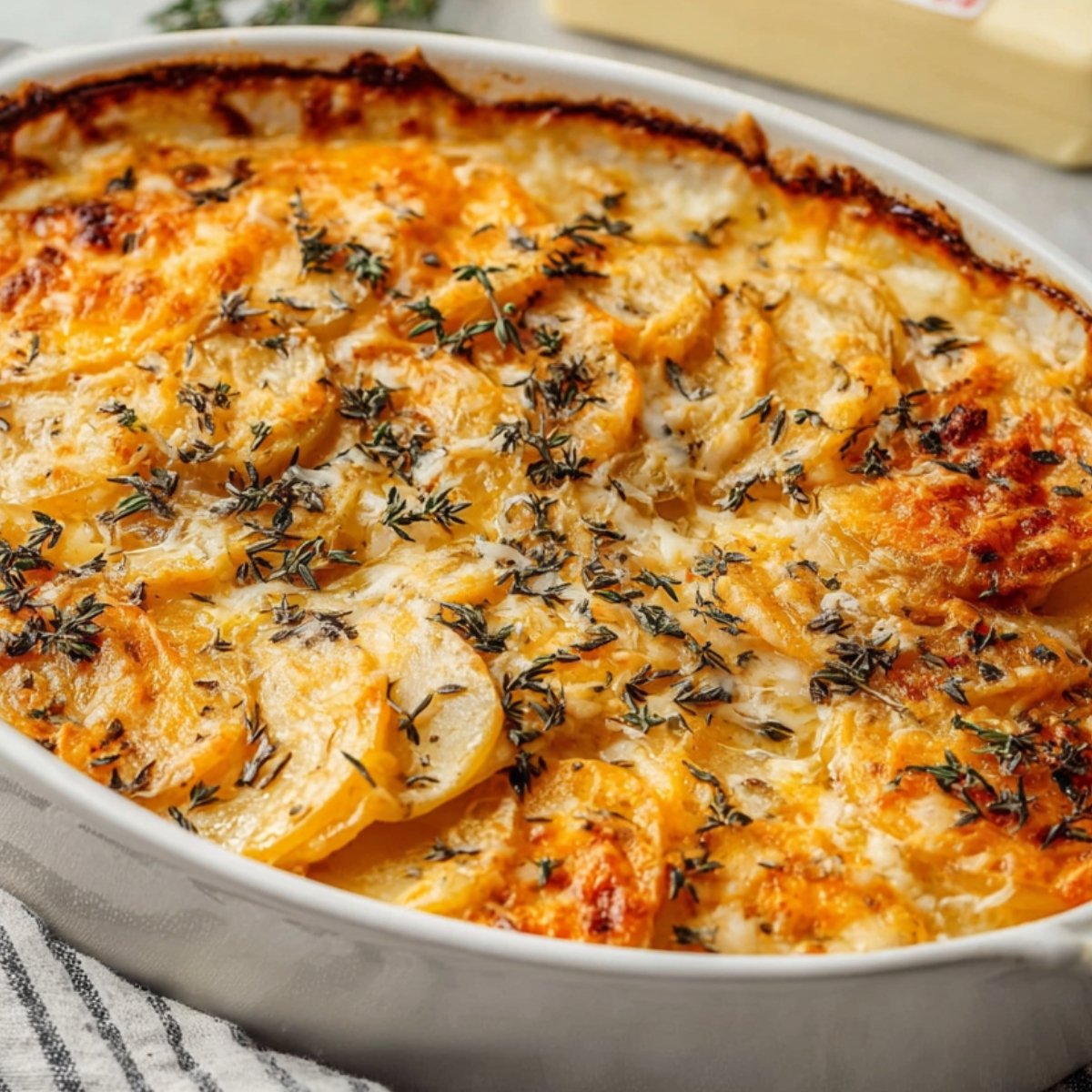 Baked root vegetable gratin in a white oval dish with a golden-brown cheesy crust, garnished with fresh thyme leaves