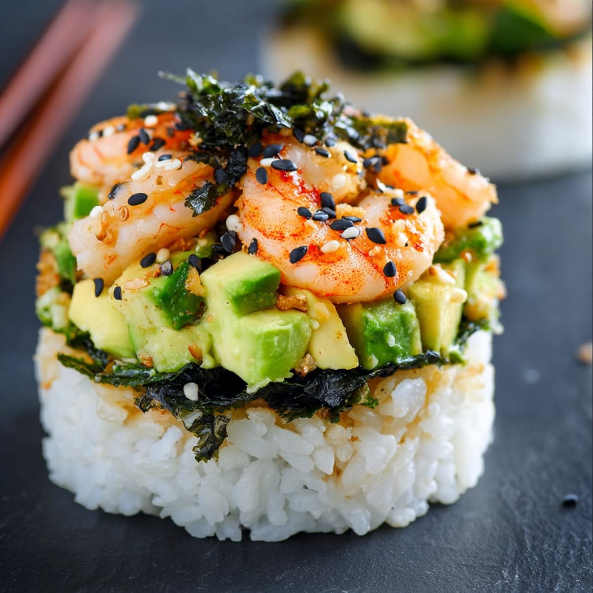 Close-up of a single portion of Salmon Sushi Bake on a dark surface, showing layers of rice, nori, diced avocado, and shrimp, garnished with black sesame seeds and chopped nori