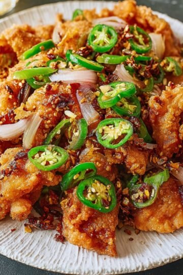 Plate of crispy Salt And Pepper Chicken fried chicken topped with sliced green chilies and sautéed onions