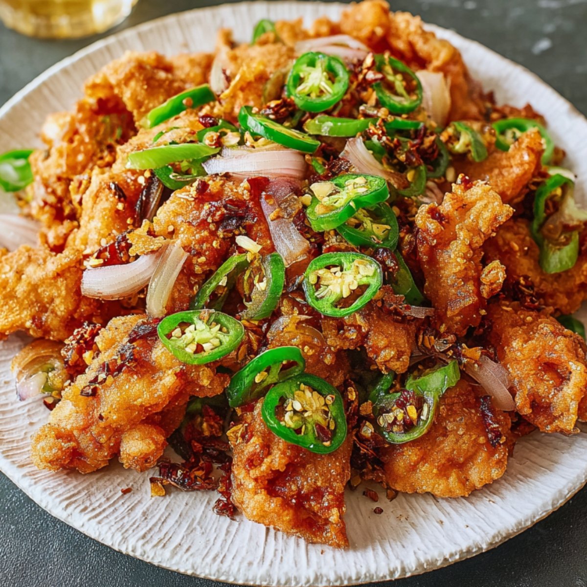 Plate of crispy Salt And Pepper Chicken fried chicken topped with sliced green chilies and sautéed onions