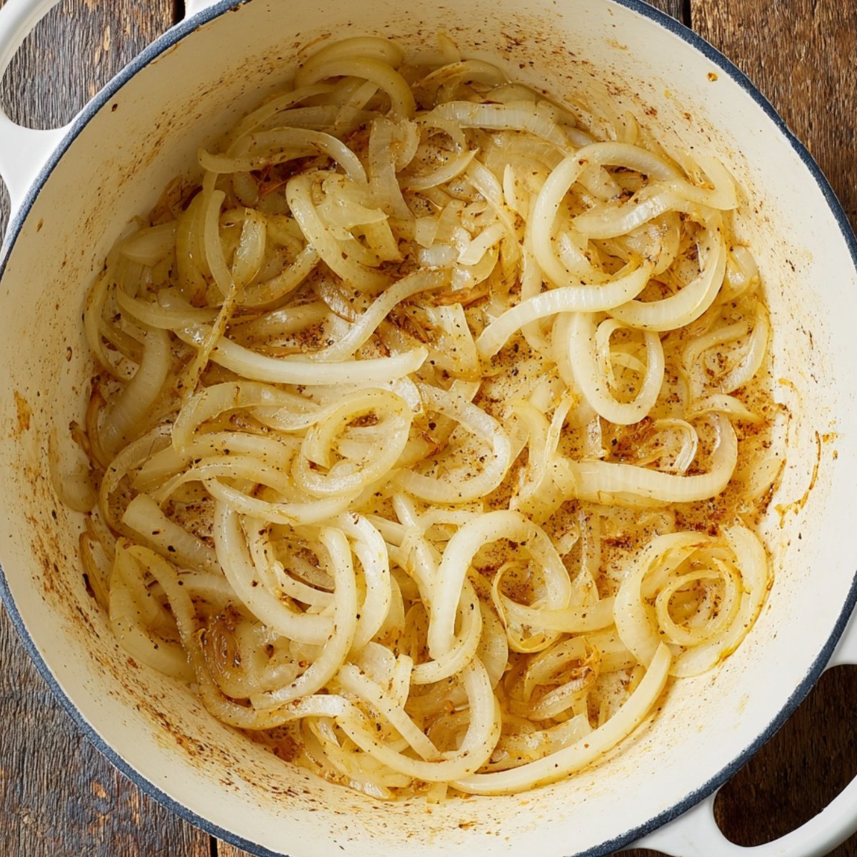 Sautéed onions and garlic in a white enameled skillet, lightly browned and seasoned, ready for cooking.