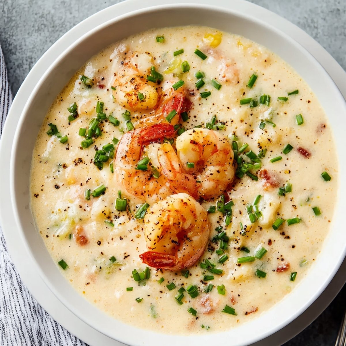 Bowl of creamy seafood bisque topped with cooked shrimp and chopped chives
