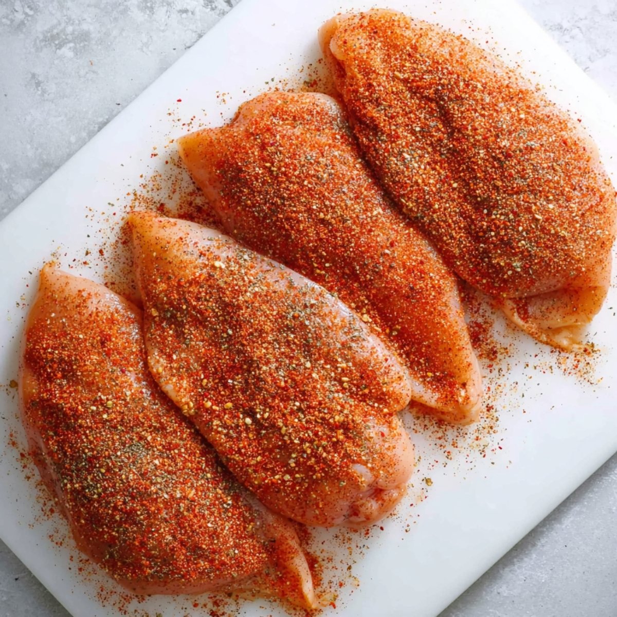 Raw chicken breasts on a white cutting board sprinkled with a red and brown spice rub