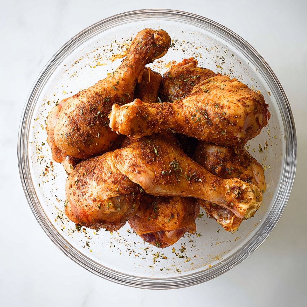 Raw chicken drumsticks coated in a spice rub and herbs in a glass mixing bowl, prepared for baking.