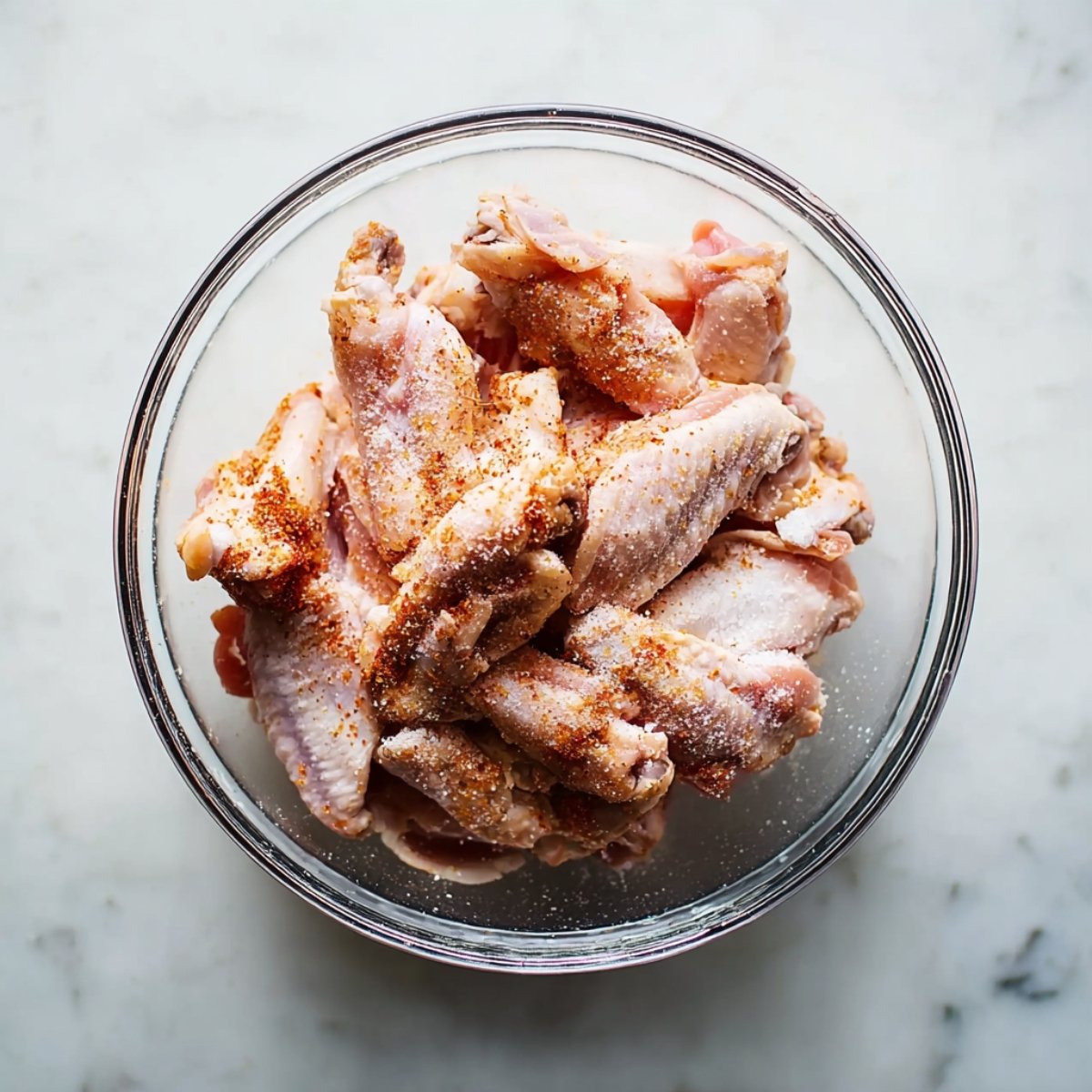 A glass bowl containing raw chicken wings coated with salt, pepper, and spices before cooking