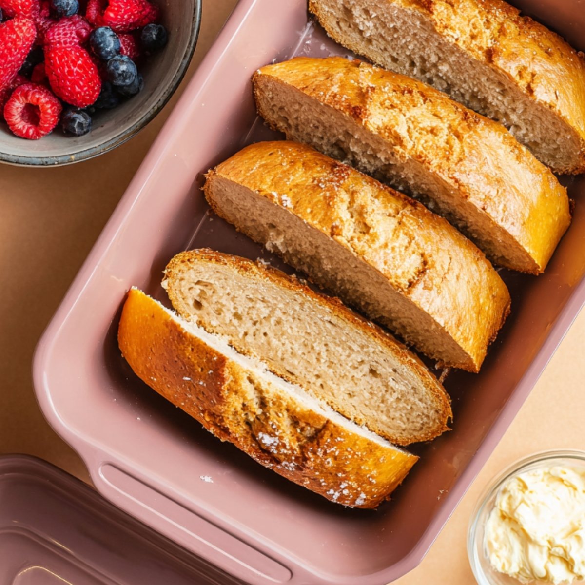 A baking dish with sliced French baguettes and a bowl of fresh berries on the side, showing preparation for layering or soaking.