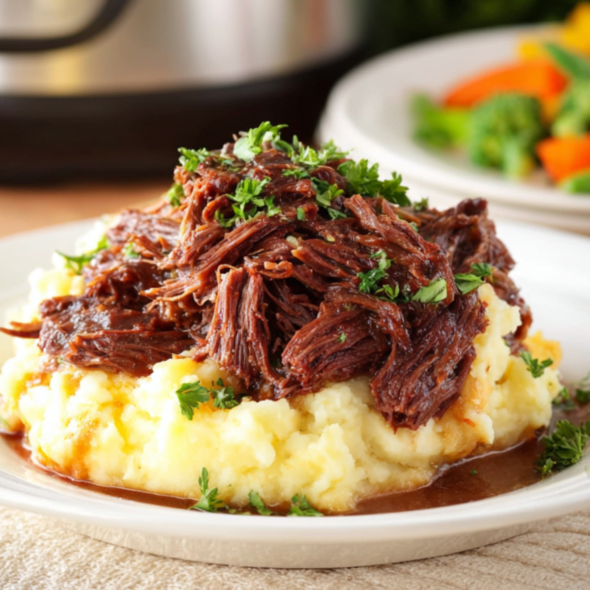 A plated serving of Slow Cooker Beef Manhattan in brown gravy over mashed potatoes, garnished with chopped parsley, with blurred vegetables in the background.