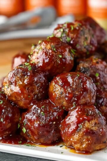 A close-up of a plate stacked with round Smoked Cheese Stuffed Meatballs coated in glossy BBQ sauce, garnished with chopped herbs, showing the juicy, smoked cheese-stuffed interior.
