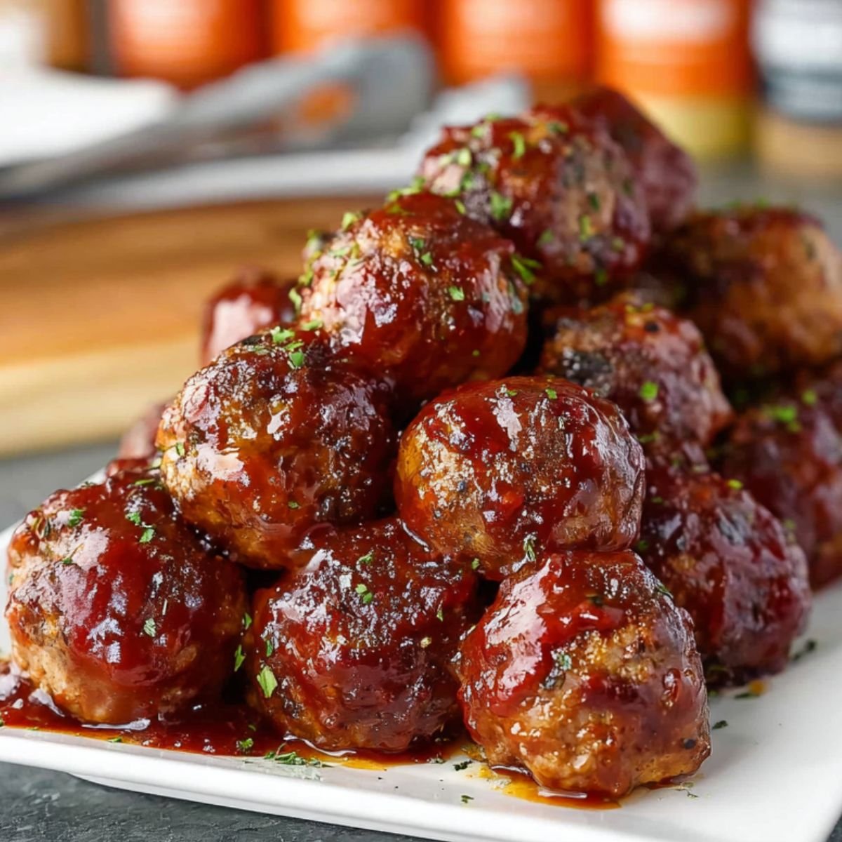 A close-up of a plate stacked with round Smoked Cheese Stuffed Meatballs coated in glossy BBQ sauce, garnished with chopped herbs, showing the juicy, smoked cheese-stuffed interior.