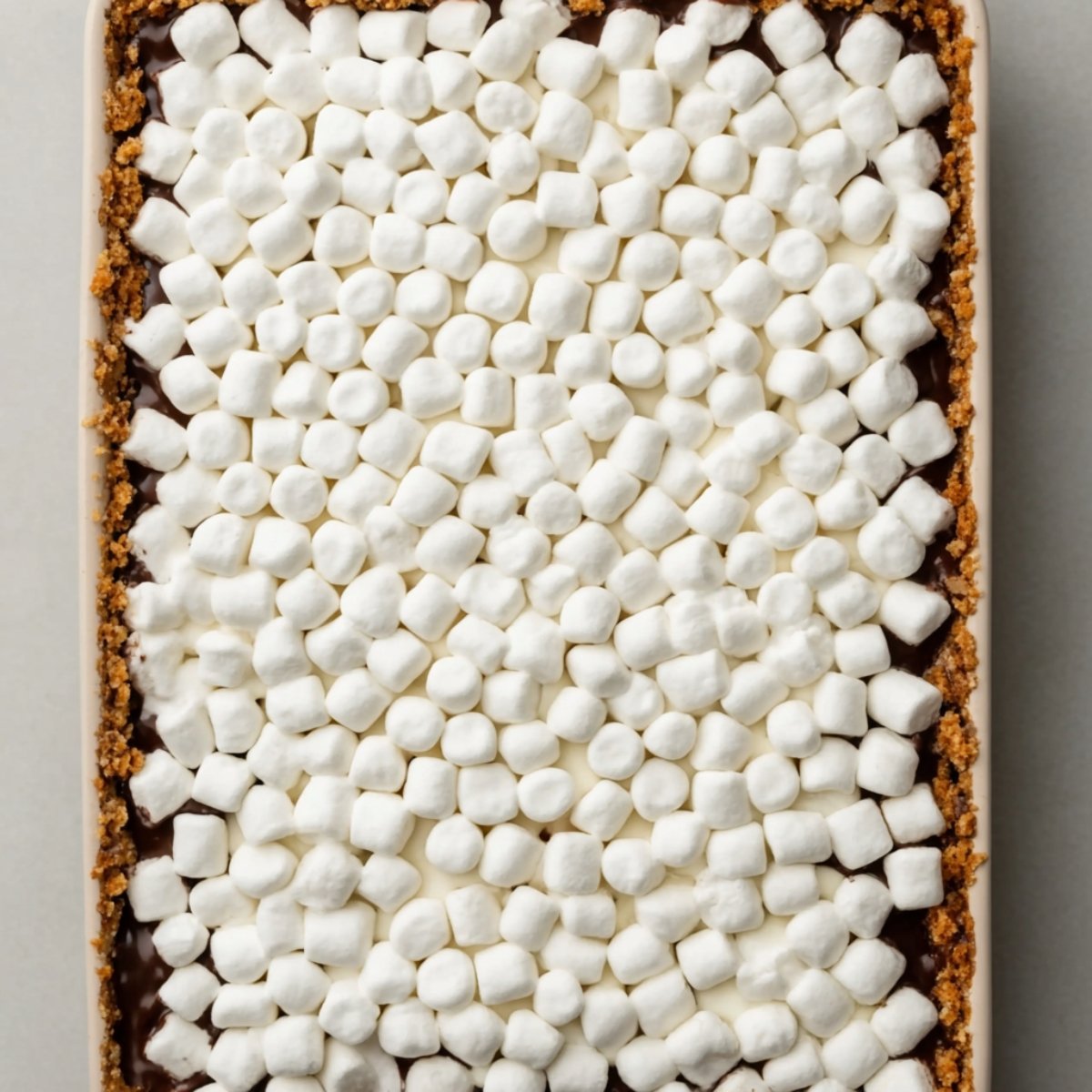 Overhead view of a tray of s’mores bars with a graham cracker crust, a chocolate layer, and mini marshmallows evenly covering the top.
