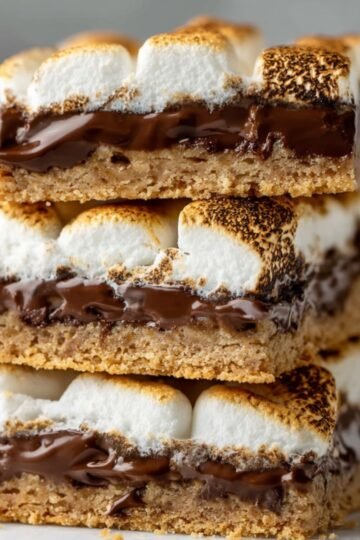 Close-up of a chocolate S'mores Bars with a graham cracker crust and a top layer of chocolate squares before toasting the marshmallows.