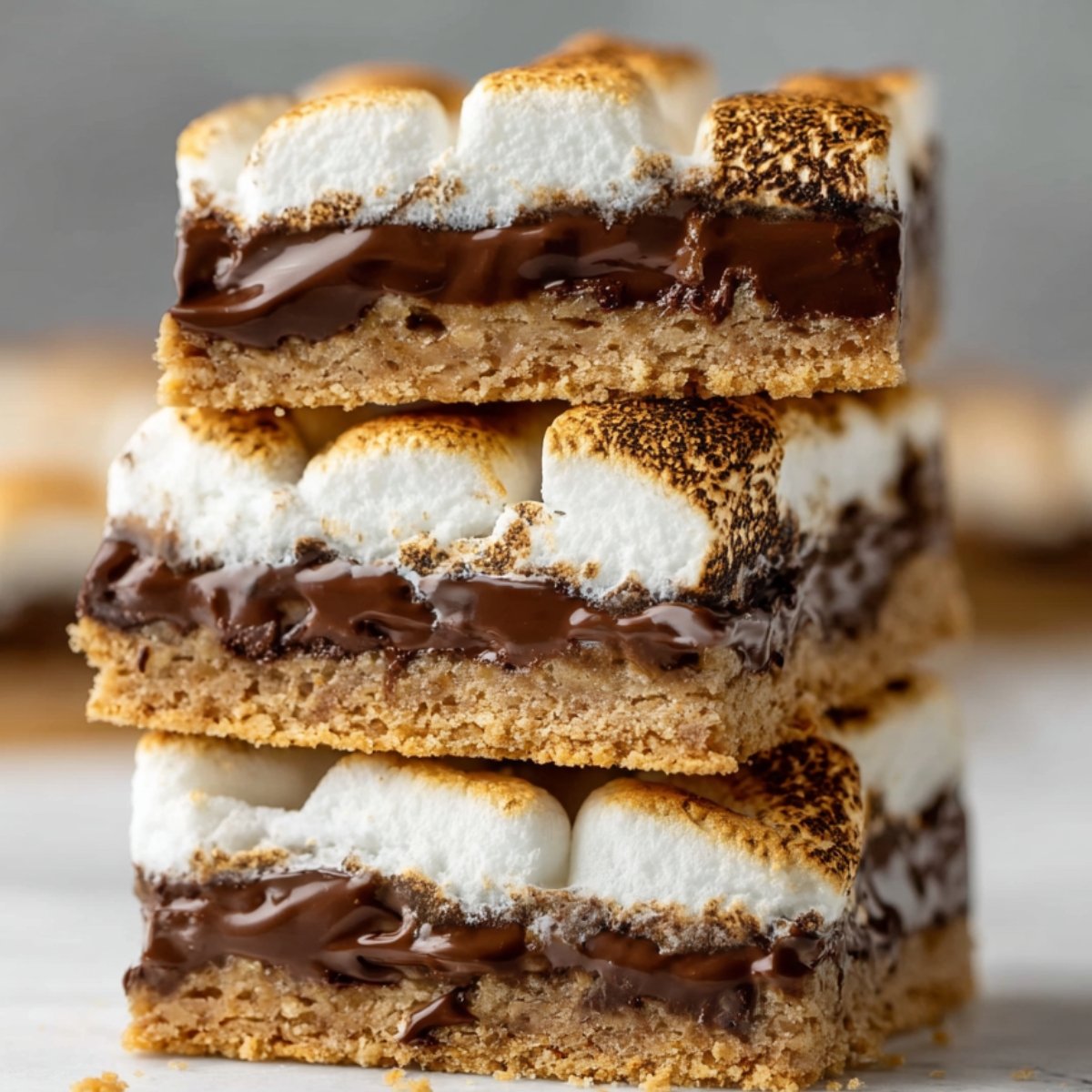 Close-up of a chocolate S'mores Bars with a graham cracker crust and a top layer of chocolate squares before toasting the marshmallows.