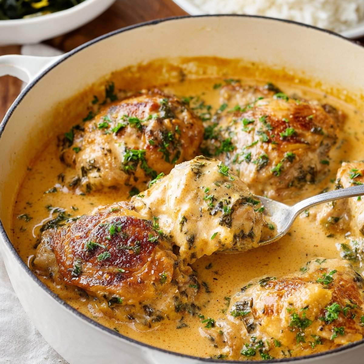 A skillet of smothered chicken in a creamy, herb-filled sauce, with one piece being lifted on a spoon, showing a golden-brown crust.