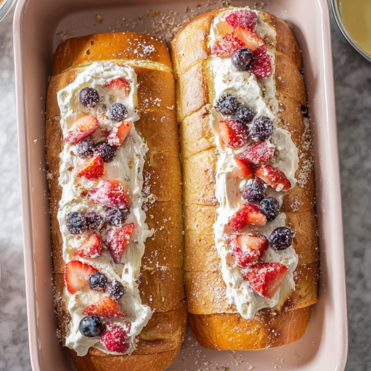 Two loaves of French toast in a baking dish, topped with whipped cream and mixed berries, lightly dusted with powdered sugar.