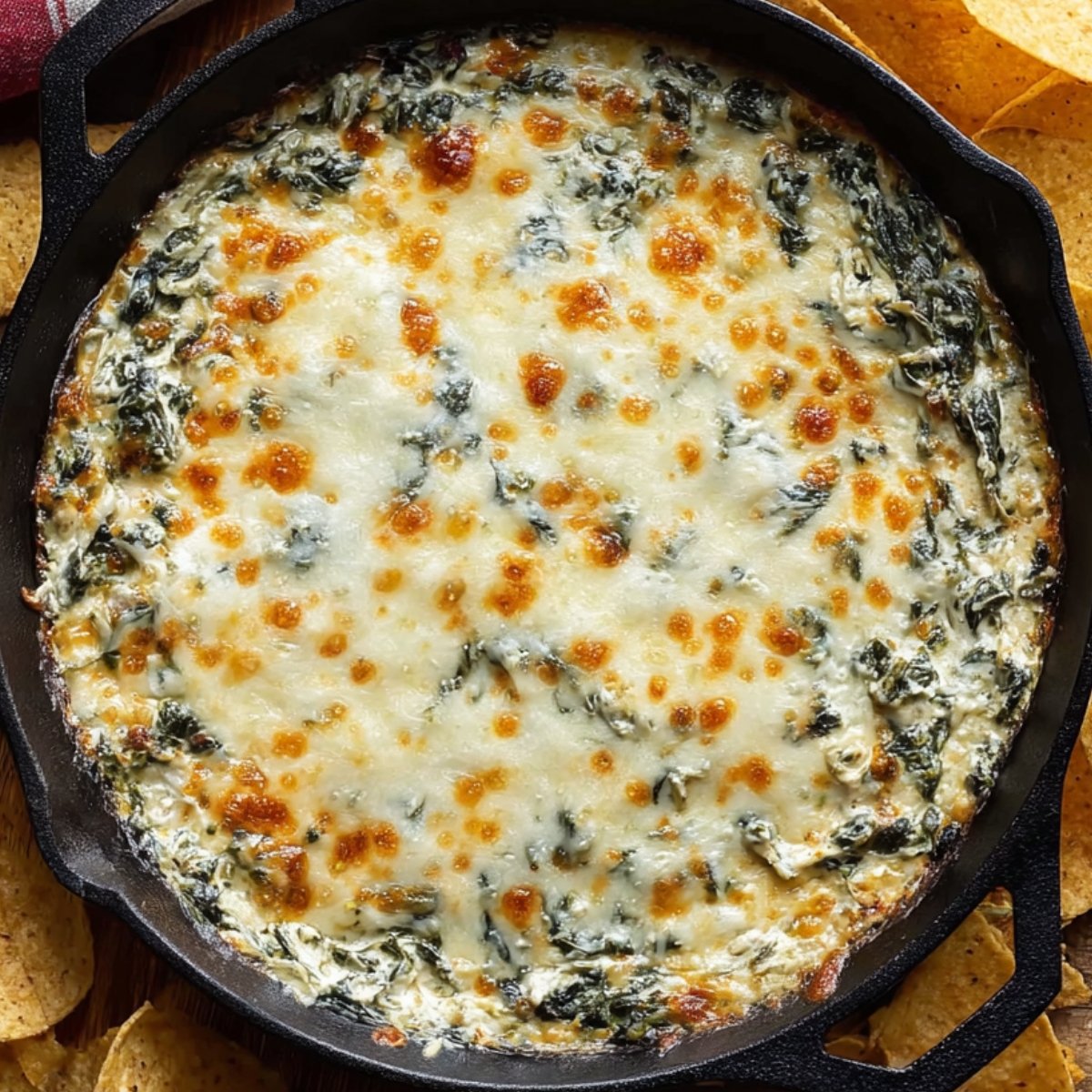 Baked spinach and artichoke dip in a cast iron skillet with melted golden-brown cheese on top surrounded by tortilla chips