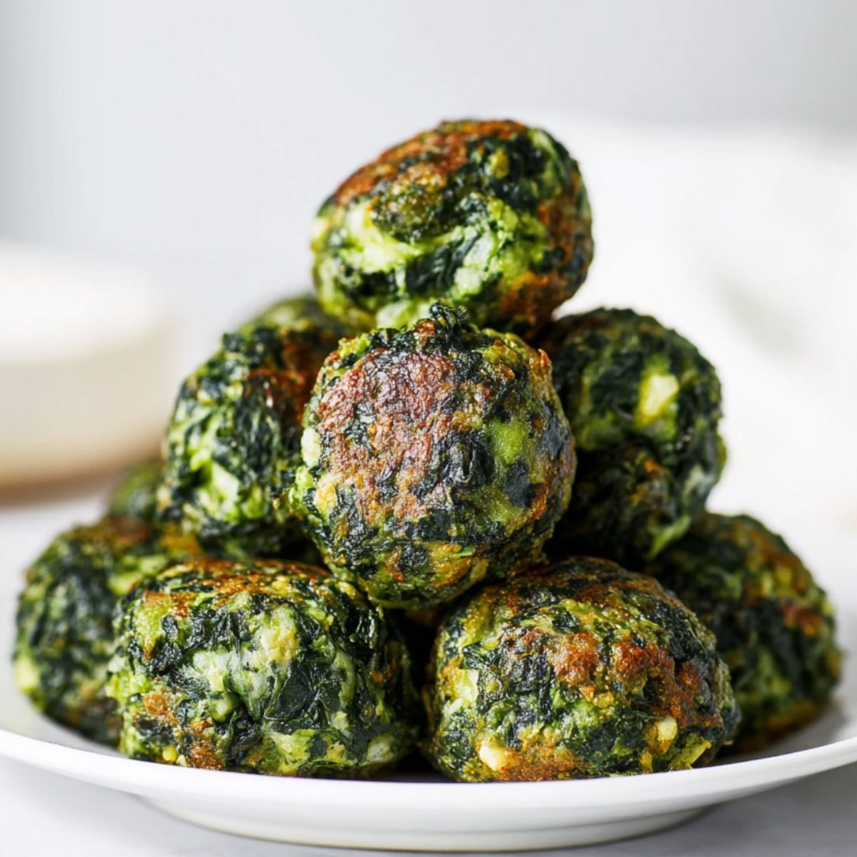 Cooked and golden-brown Spinach Balls and cheese balls stacked in a white bowl, showing crispy edges and a tender interior.